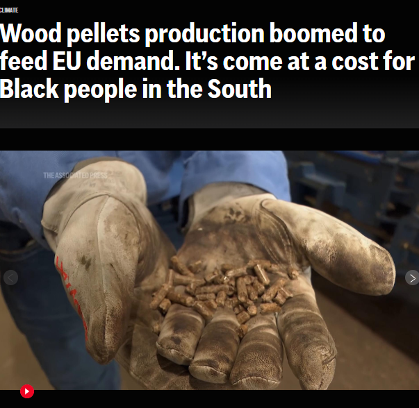 News headline: Wood pellets production boomed to feed EU demand. It's come at a cost for Black people in the South. Photo of gloved hands holding wood pellets.